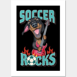 Soccer Rocks with Doxie Dachshund dog playing guitar tee Posters and Art